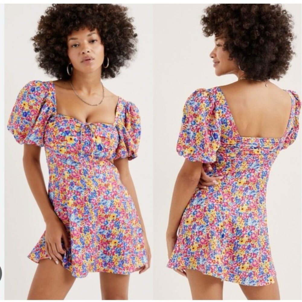 For Love & Lemons Sasha Dress Womens Large Multicolor Floral Puff Sleeve Mini